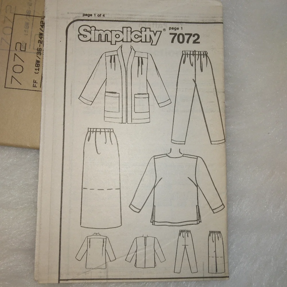 Simplicity 7072  Slim skirt in 2 lengths pants tunic unlined jacket Size 18W-24W